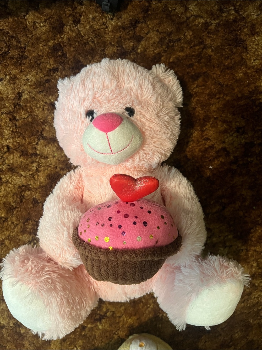 Plush Pink Teddy Bear with Heart Cupcake Toy
